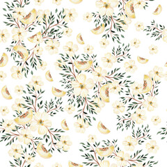 Watercolor seamless pattern with flowers and brunches. Illustration 