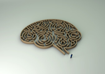 A man standing at the entrance to a maze in the shape of a human brain, indicating counselling, confusion, worry and therapy. Very high-res image of print or screen.