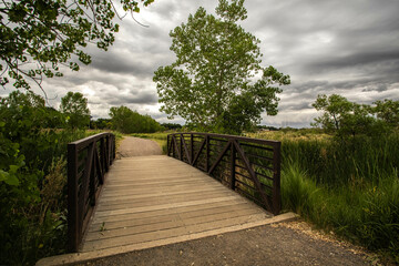 Bridge on a trail during a cloudy, stormy day - obrazy, fototapety, plakaty