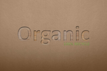 100 percent recycled, 3d. Organic fully processed food, ecology concept, earth day. Embedded text on cardboard background