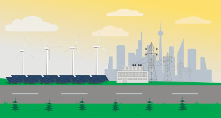 Alternative energy sources. Wind generator, solar panels on the background of a big city. Ecological concept.