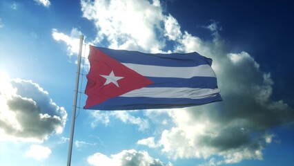 Flag of Cuba waving at wind against beautiful blue sky. 3d illustration