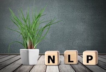 nlp word from wooden blocks with letters. business concept neuron linguistic programming