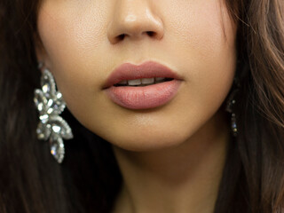 Closeup plump Lips. Lip Care, Augmentation, Fillers. Macro photo with Face detail. Natural shape...