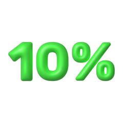 Sale 3D icon. Green glossy 10 percent discount vector sign. 3d vector realistic design element.