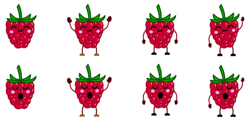 Cute kawaii style raspberry fruit icon. Version with hands raised, down and waving