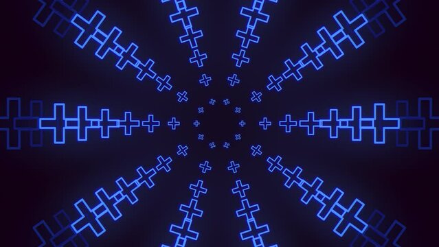 Blue geometric crosses pattern with neon color, motion abstract corporate, music and club style background