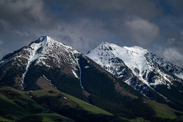 Obraz premium 2022-07-26 THE ABSAROKA RANGE WITH SNOW ON THE MOUNTAINS WITH LUSH GREEN ROLLING FOOT HILLS IN PRAY MONTANA