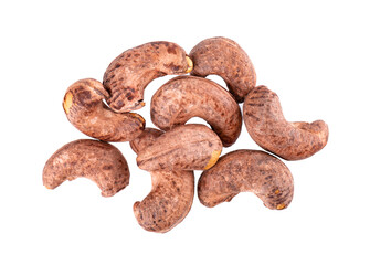 Cashew nuts in shell isolated on white background. Roasted and salted cashew nuts. Top view.