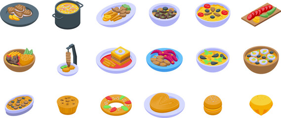 Portuguese cuisine icons set isometric vector. Stew fish. Cooking spicy