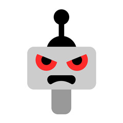 Angry and aggressive robot with aggressive feeling and emotion is glaring and staring. Emotional technology and robotics feels rage, fury, hatred and anger. Vector illustration isolated on white.