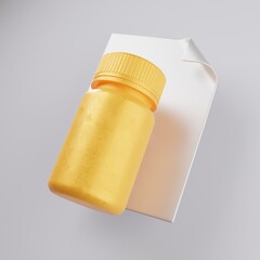 Favicon with a plastic jar. Pharmaceutical bottle for capsules with pills on a sheet. Pill box or packaging. 3d rendering.