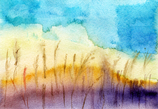 Watercolor landscape with yellow grass and blue sky. Illustration with field, grass, harvest. Hand painted scene.