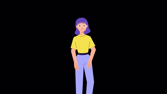 Woman thinking and looking for answer. shrugs her shoulders. uncertainty, question, no solution. Character animation with ALPHA channel. dilemma, confused, puzzled girl. choosing between two options