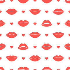 Different female lips kisses and hearts red seamless pattern