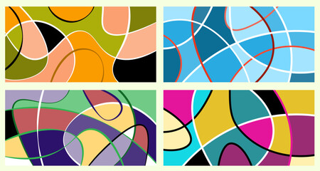 Abstract neurography. A set of 4 templates. Wavy stripes divide the plane into sectors. Neurographic design. Abstract bright pattern for cover, background, wallpaper.