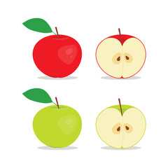 Red and green apple whole and halves vector set