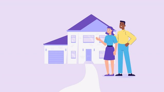 Buy new house concept animation. House Loan, Rent and Mortgage. real estate agent or broker passes keys to new owners. family couple next to their home. sell and buy property. moving to new place
