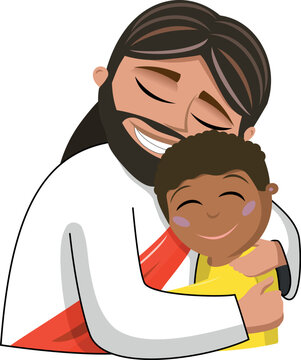 Jesus cartoon gives hug to a child or kid isolated vector illustration eps. Love christian concept.