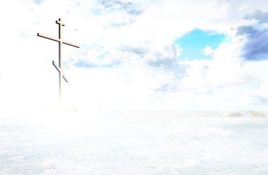 Image of silhouette of Christian cross over clouds against sky in the background. Easter religion faith concept