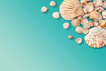 Summer time concept, beautiful starfish and sea shells on colored table