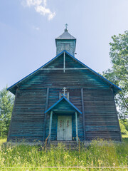 Rubeniski blue Old Believers Church in sunny summer day, Latvia.