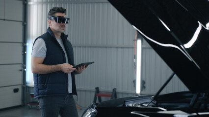 Fototapeta na wymiar A male worker diagnosing and checking a car after a repairing in a car service using a tablet and a modern virtual reality glasses