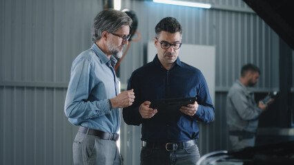 In car service manager in glasses and casual suit with a tablet talking to a man and discussing car...