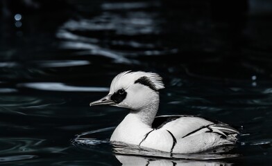 a duck swims in a lake