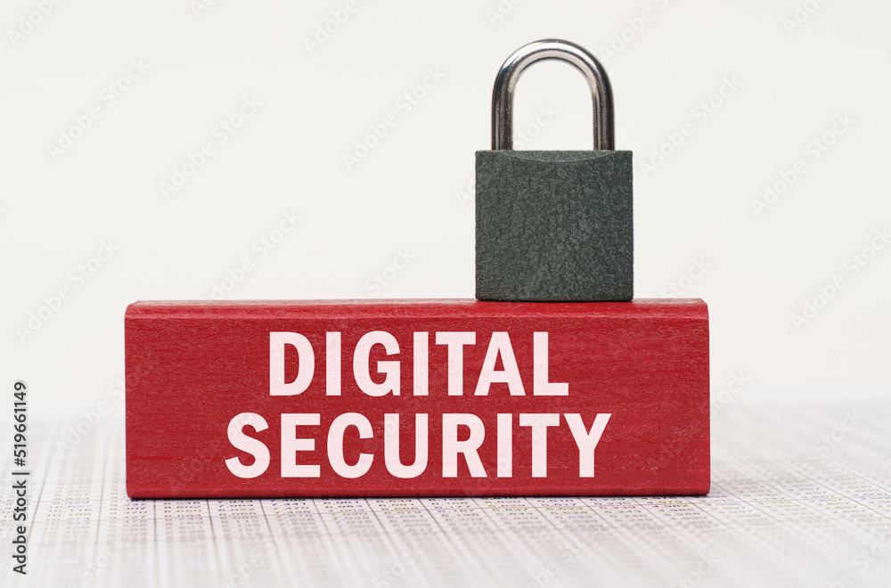 Poster On the reports there is a red block with the inscription - digital security and a lock.