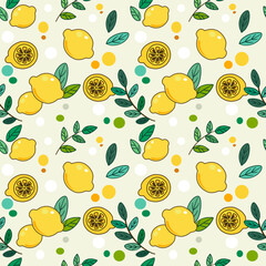 Seamless, repeat pattern of full pieces and haft lemons or limes, have decorated with doodle green leaves and a pastel color circle.