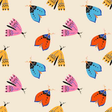 Elegant seamless pattern with colorful beans and moths. Cute background in boho style. Design for postcard, fabric, print, greeting, fabric, poster, clothing, textile.