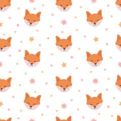Cute fox with stars, seamless pattern. White background. Pastel concept. Cute cartoon. Kawaii character