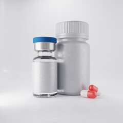 Infographics for pharmacological organization. Vials for vaccines and tablets made of plastic and glass. 3d rendering.