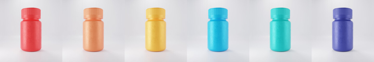 Colored medicine bottles. Colorful packaging for pharmacology and medicine mockup. 3d rendering.