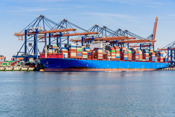 Large container ship in port on a sunny summer day