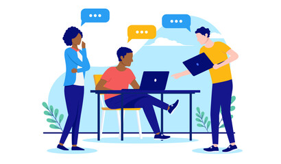 Casual teamwork vector illustration with diverse team of people working together with computers. Flat design with white background