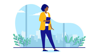 Ethnic professional businesswoman - Black female character person standing. Flat design vector illustration with white background