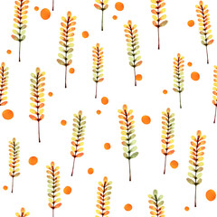 Watercolor autumn seamless pattern. Leaves and plants. Fall season floral fashion collection. Isolated on white background. Hand painted illustration for design wallpaper, fabric, invitation.