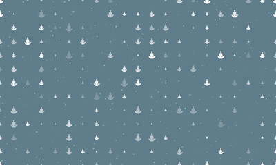 Seamless background pattern of evenly spaced white yoga symbols of different sizes and opacity. Vector illustration on blue gray background with stars