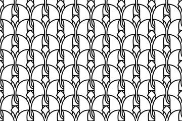 Seamless pattern completely filled with outlines of tulips. Elements are evenly spaced. Vector illustration on white background