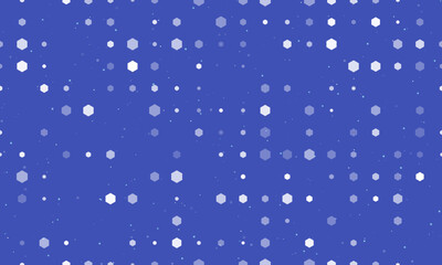 Seamless background pattern of evenly spaced white hexagon symbols of different sizes and opacity. Vector illustration on indigo background with stars