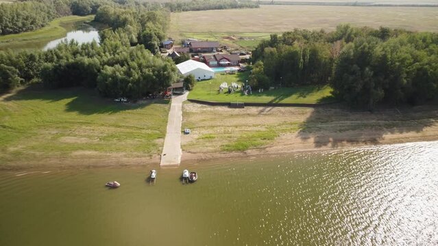 smooth video from a copter, Zaimka reservoir, boats, flyboarding