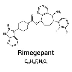 chemical structure of Rimegepant (C28H28F2N6O3)