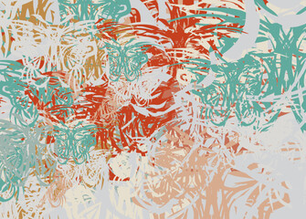 Vintage background in gray-red-green tonality for fabrics or textiles. Butterfly motifs for interior solutions, prints, fashion trends, posters, wallpaper, scrapbooking, packaging, covers, etc. Vector