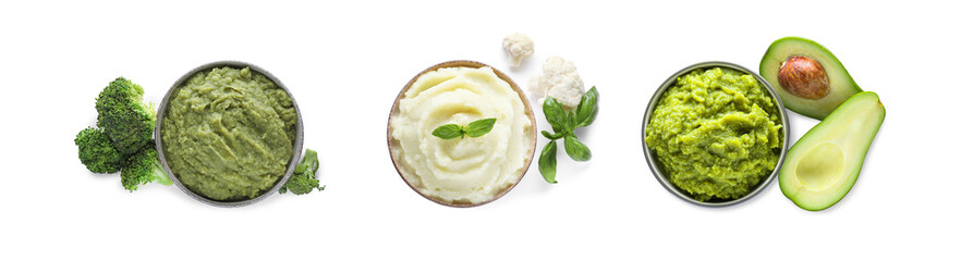 Set with different tasty vegetable puree on white background, top view. Banner design
