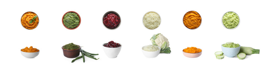 Set with different tasty vegetable puree on white background. Banner design