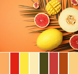 Color palette and composition with fresh fruits on pale orange, flat lay