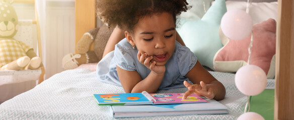 African American girl reading book at home. Banner design