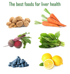 List of the best foods for liver health. Collage with different tasty fresh products on white background